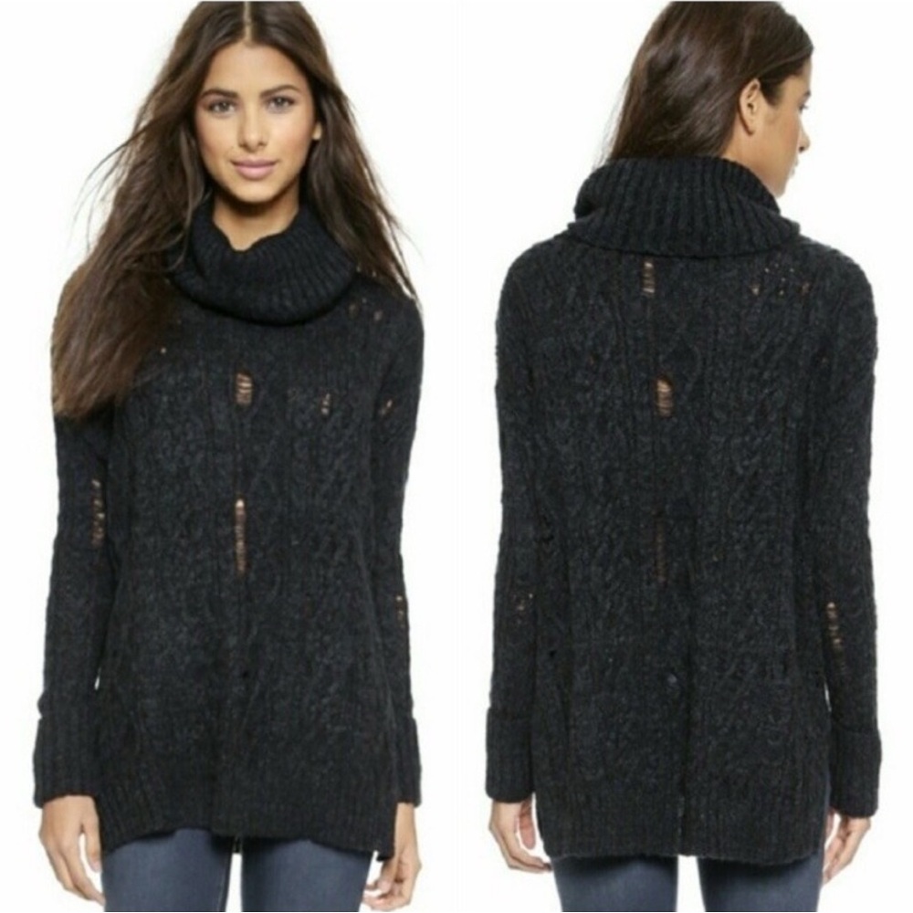 Free People Black Distressed Cowl Neck Sweater